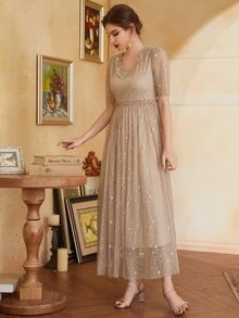 網紗拼接邊短袖連衣裙 - 杏色 - 查看 6