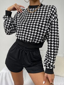 SHEIN Privé Pullover con estampado de pata de gallo de hombros caídos - Blanco y Negro - Ver 1