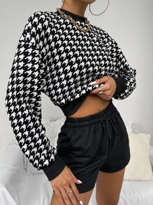 SHEIN Privé Pullover con estampado de pata de gallo de hombros caídos - Blanco y Negro - Ver 4