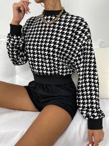 SHEIN Privé Pullover con estampado de pata de gallo de hombros caídos - Blanco y Negro - Ver 6