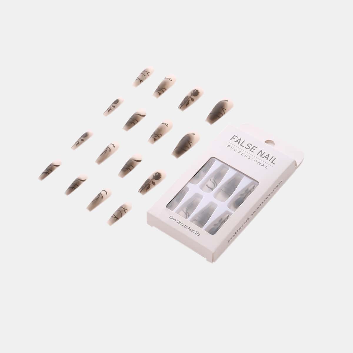 

24pcs Flower Pattern Fake Nail, Dark grey
