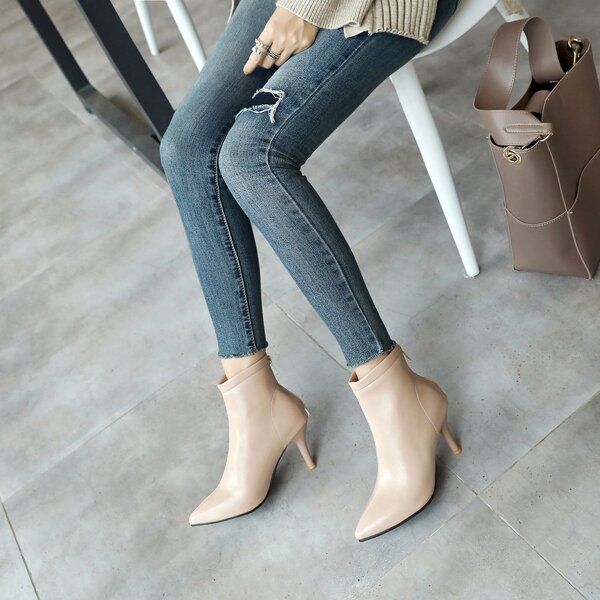 

Solid Back Zipper Point Toe Classic Boots, Beige