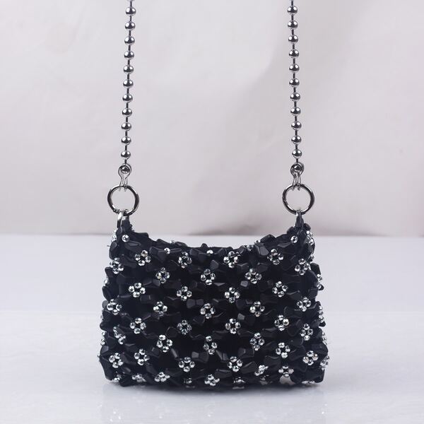 

Rhinestone & Beaded Decor Square Bag, Black