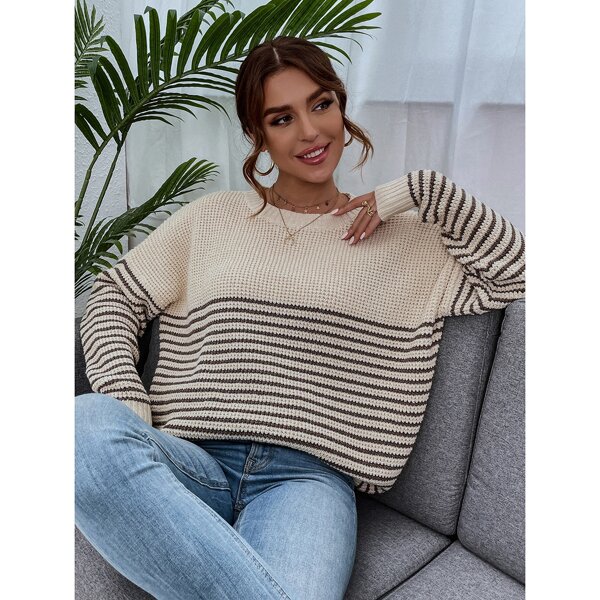 

Striped Pattern Drop Shoulder Sweater, Apricot