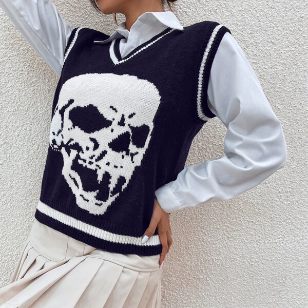 

Skull Pattern Sweater Vest, Navy blue