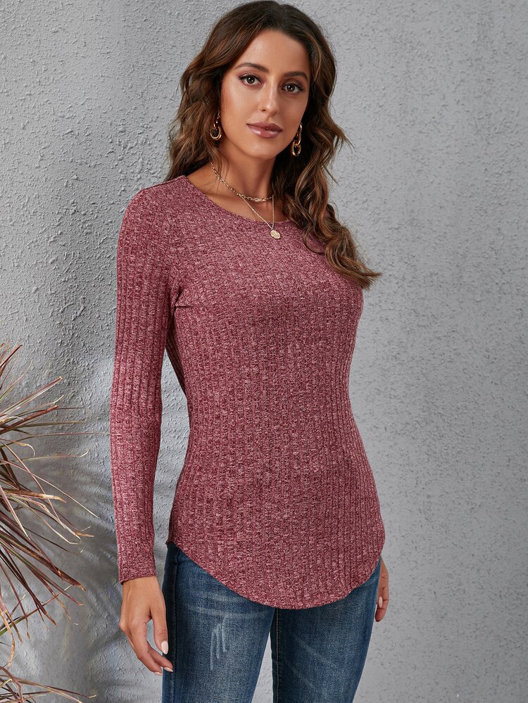 SHEIN LUNE Curved Hem Slim Fit Tee - Redwood - View 5