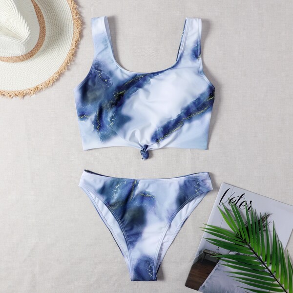 

Marble Print Knot Hem Bikini Swimsuit, Multicolor
