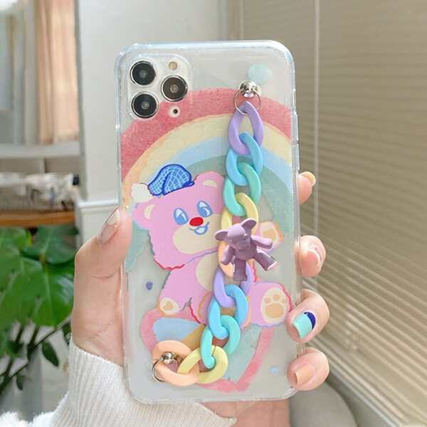 

Cartoon Bear Phone Case With Chain Hand Strap, Multicolor