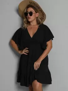 SHEIN Clasi Vestido de manga mariposa bajo con fruncido - Negro - Ver 1