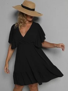 SHEIN Clasi Vestido de manga mariposa bajo con fruncido - Negro - Ver 6