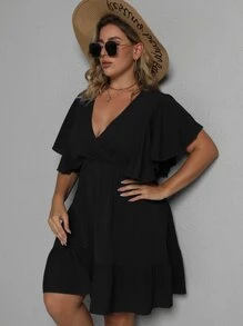 SHEIN Clasi Vestido de manga mariposa bajo con fruncido - Negro - Ver 7