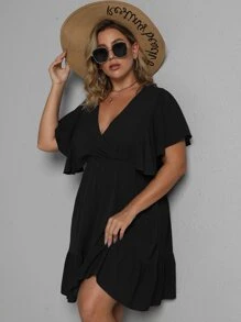 SHEIN Clasi Vestido de manga mariposa bajo con fruncido - Negro - Ver 8