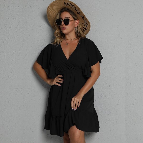

Plus Butterfly Sleeve Ruffle Hem Dress, Black