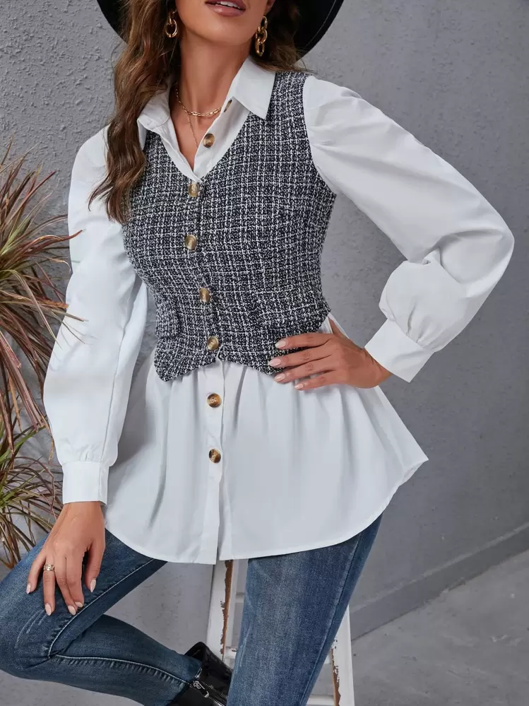 SHEIN Clasi Áo sơ mi Tương phản Tweed Hoa văn kẻ sọc Chi tiết về Flap 2 trong1 - Đen và trắng - Xem 1