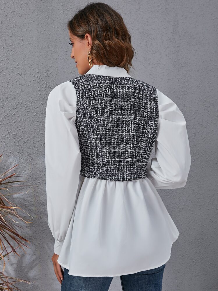 SHEIN Clasi Áo sơ mi Tương phản Tweed Hoa văn kẻ sọc Chi tiết về Flap 2 trong1 - Đen và trắng - Xem 2