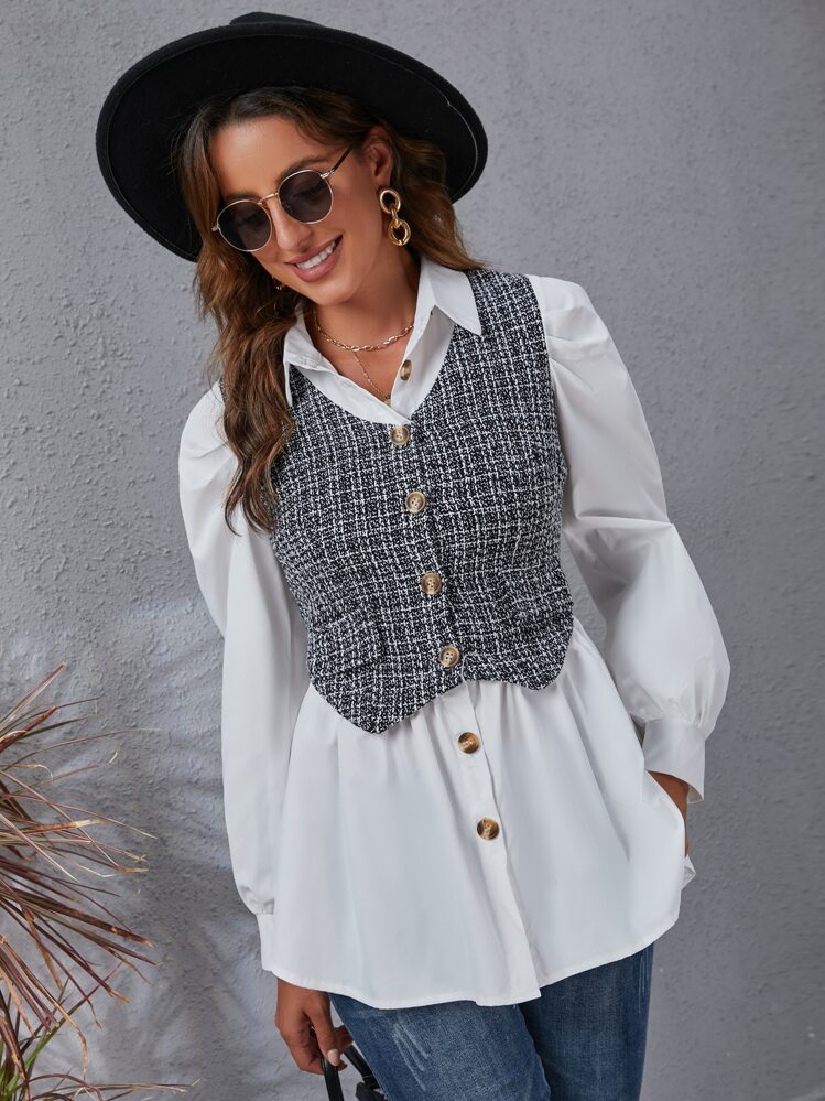 SHEIN Clasi Áo sơ mi Tương phản Tweed Hoa văn kẻ sọc Chi tiết về Flap 2 trong1 - Đen và trắng - Xem 4