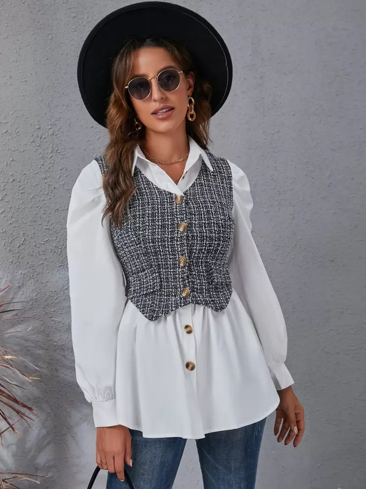SHEIN Clasi Áo sơ mi Tương phản Tweed Hoa văn kẻ sọc Chi tiết về Flap 2 trong1 - Đen và trắng - Xem 5