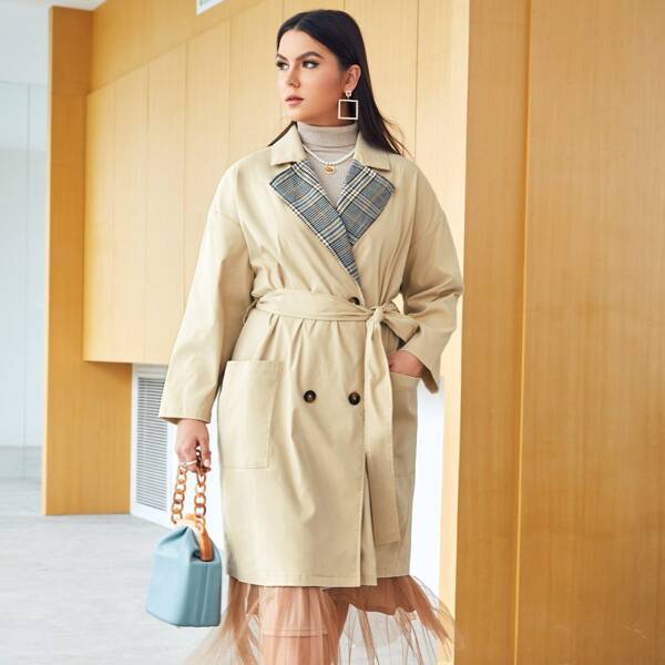 

Plus Plaid Print Drop Shoulder Double Breasted Belted Trench Coat, Khaki