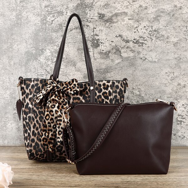 

Scarf Decor Shoulder Tote Bag With Crossbody Bag, Multicolor