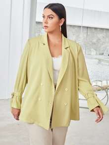 SHEIN Privé Plus Lapel Neck Knotted Cuff Double Breasted Blazer - Yellow - View 3