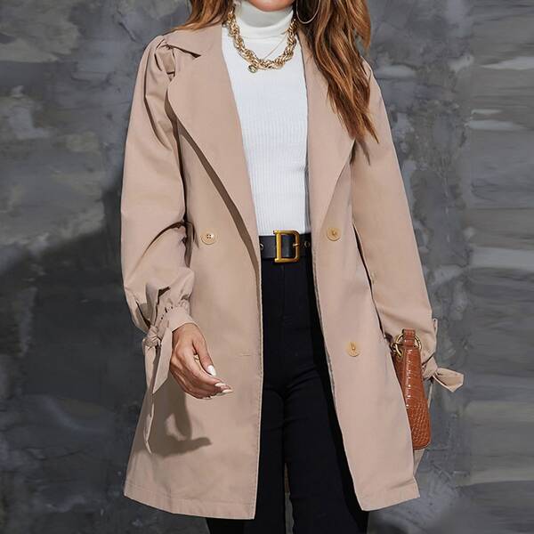 

Knot Cuff Slant Pocket Double Breasted Belted Trench Coat, Khaki