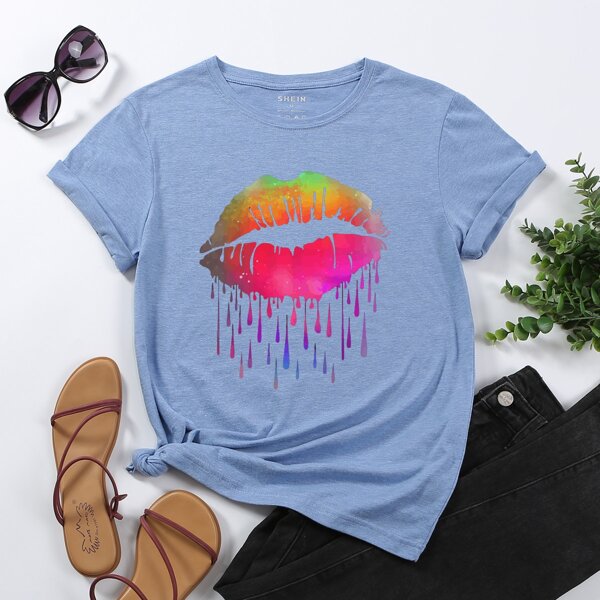 

Lip Print Short Sleeve Tee, Blue