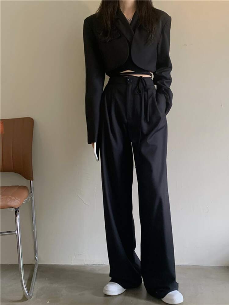 Solid High Waist Wide Leg Pants - Black - View 1