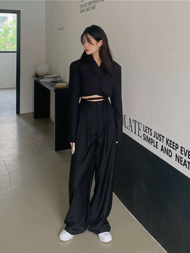Solid High Waist Wide Leg Pants - Black - View 2