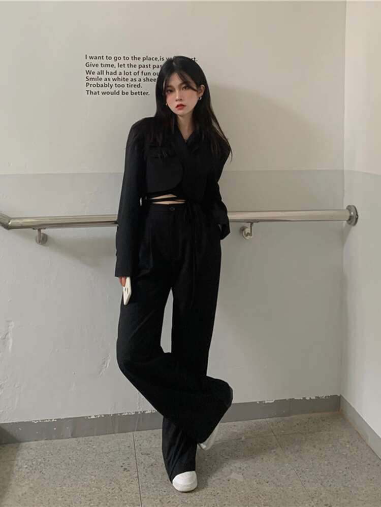 Solid High Waist Wide Leg Pants - Black - View 3