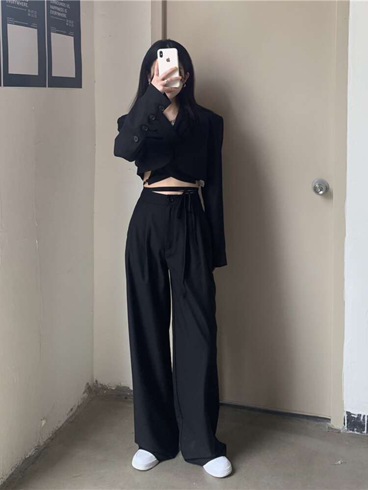 Solid High Waist Wide Leg Pants - Black - View 5