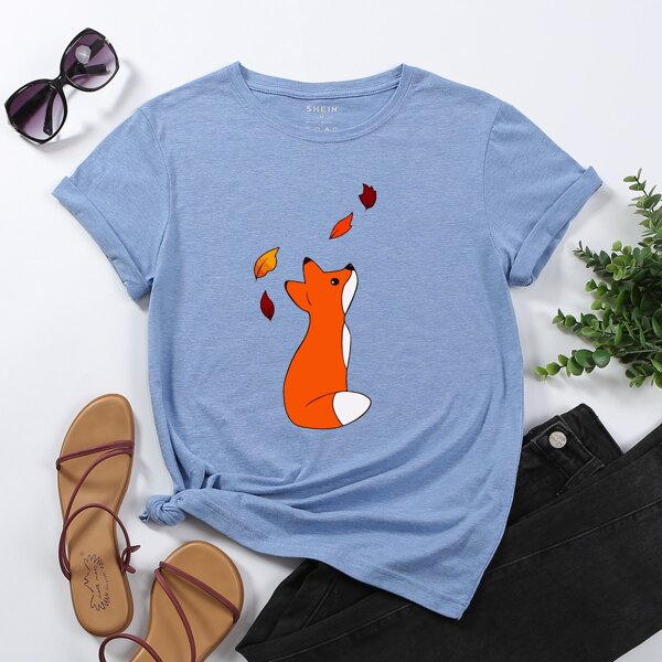 

Cartoon Fox Print Tee, Dusty blue