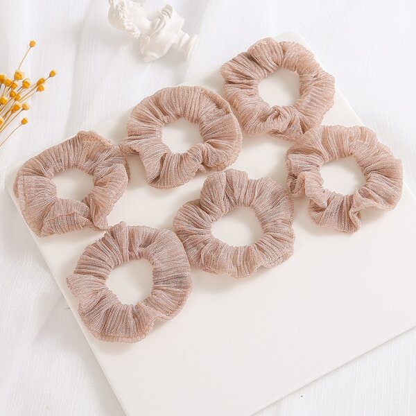 

6pcs Girls Solid Pleated Scrunchie, Champagne