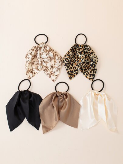 Hair Tie 5-Piece Set Solid Color Satin Bow Streamer Hair Rope Women's French Elegant Simple High-End Sweet Hair Rubber Band Boho,Woman Head Accessories, Woman Hair Accessories Hair Ties Ponytail Holders Hair Elastics Hair Rubber Bands Scrunchies Elastic Hair Tie, Hair Bobbles ,Animal Print