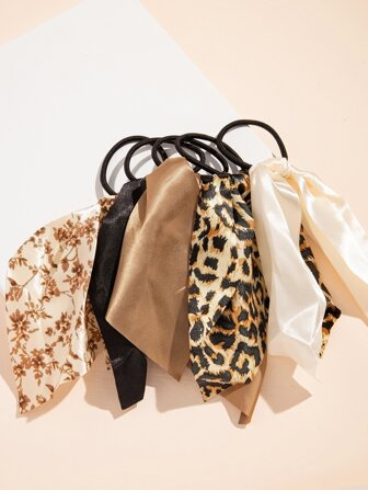 Hair Tie 5-Piece Set Solid Color Satin Bow Streamer Hair Rope Women's French Elegant Simple High-End Sweet Hair Rubber Band Boho,Woman Head Accessories, Woman Hair Accessories Hair Ties Ponytail Holders Hair Elastics Hair Rubber Bands Scrunchies Elastic Hair Tie, Hair Bobbles ,Animal Print