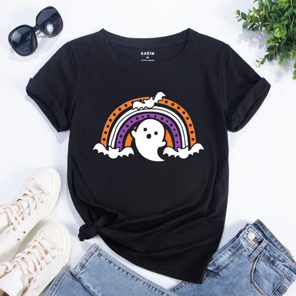

Cartoon Print Round Neck Tee, Black