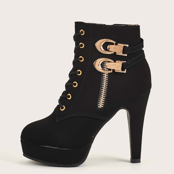 

Metal Decor Lace-up Front Platform Chunky Boots, Black