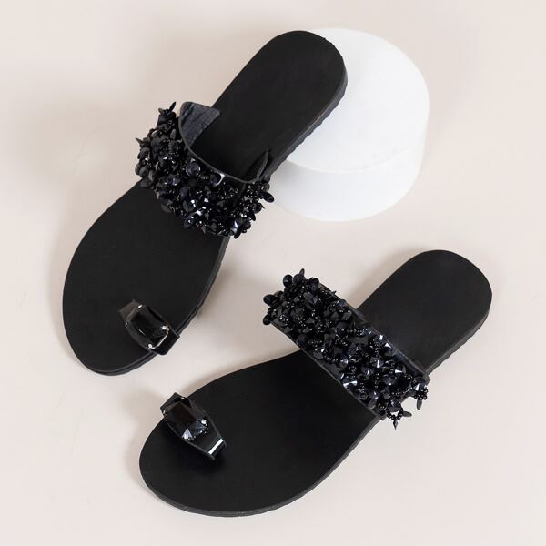 

Faux Pearl Decor Thong Sandals, Black