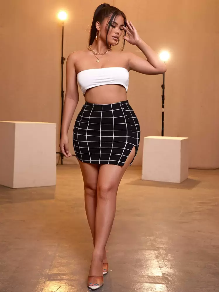 SHEIN SXY Grid Plaid Split Side Bodycon Skirt - Black - View 3