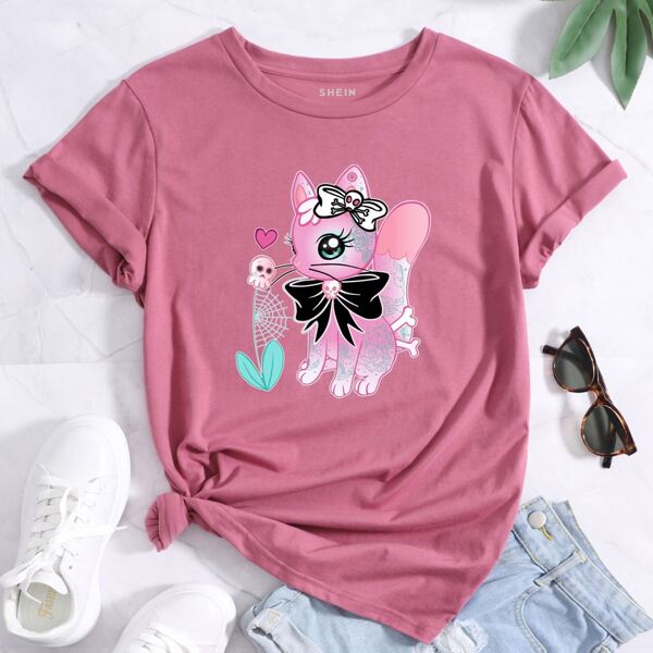 

Cartoon Cat & Floral Print Tee, Dusty pink