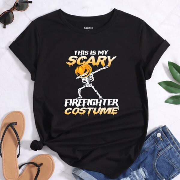 

Halloween Pumpkin & Slogan Graphic Tee, Black
