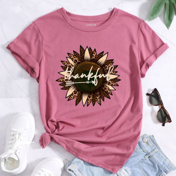 

Sunflower & Letter Graphic Tee, Dusty pink