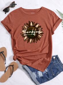 SHEIN LUNE Camisetas de Mujer Floral Letras Casual - Óxido marrón - Ver 1