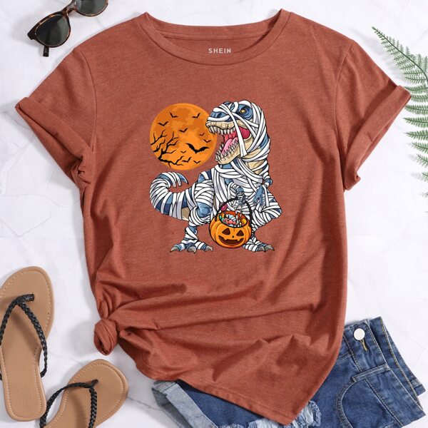

Halloween And Dinosaur Print Tee, Rust brown