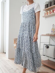 DAZY Vestido de tirantes con estampado floral bajo con fruncido - Azul - Ver 4