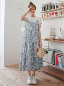 DAZY Vestido de tirantes con estampado floral bajo con fruncido - Azul - Ver 5