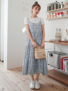 DAZY Vestido de tirantes con estampado floral bajo con fruncido - Azul - Ver 7