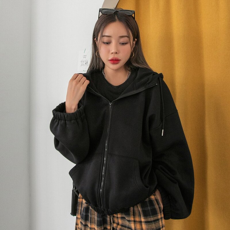 

Thermal Drop Shoulder Zip Up Drawstring Hoodie, Black