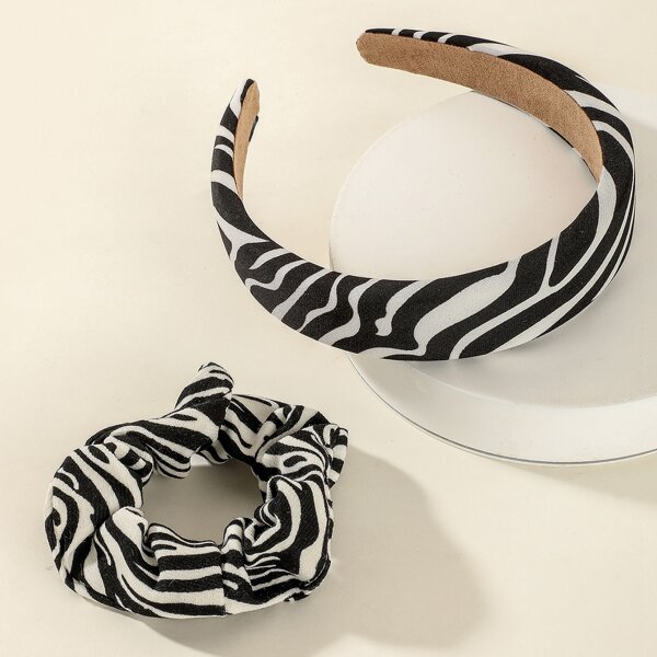 

Zebra Striped Print Scrunchie & Headband, Black and white