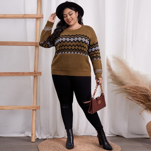 

Plus Geo Pattern Drop Shoulder Sweater, Multicolor