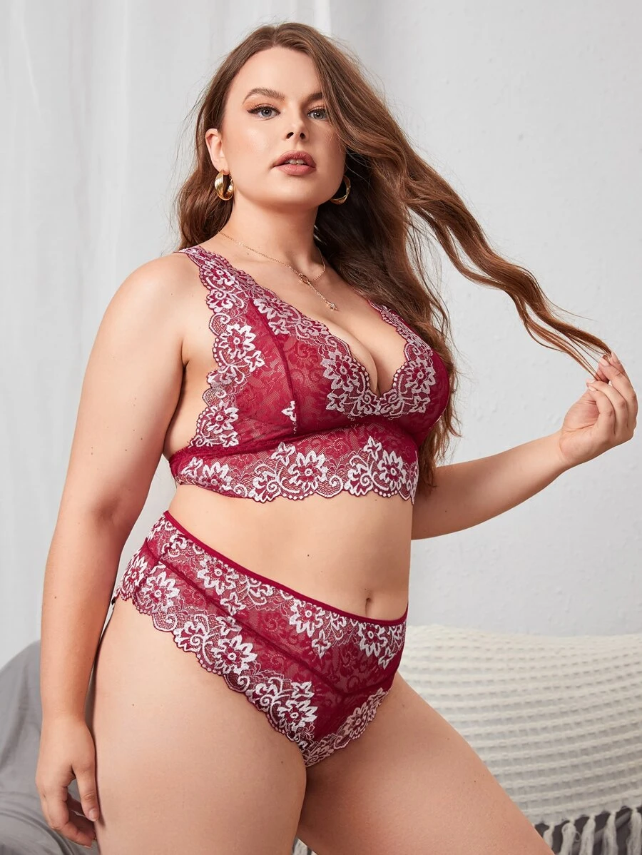 Plus Floral Lace Lingerie Set - Burgundy - View 1